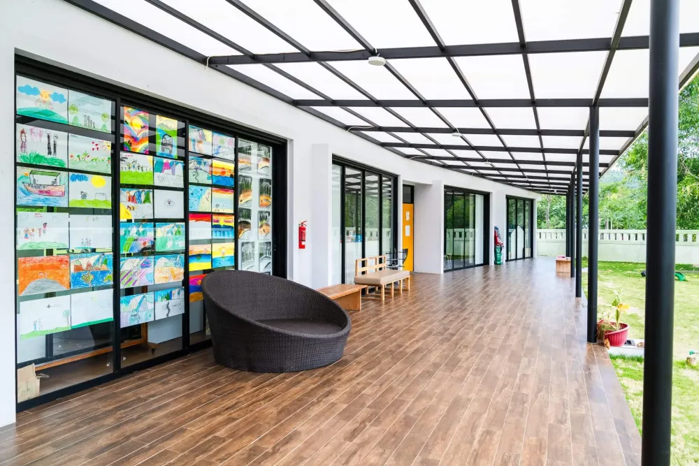 The front view of a classroom at Mandalika International School, showcasing learning space and student engagement.