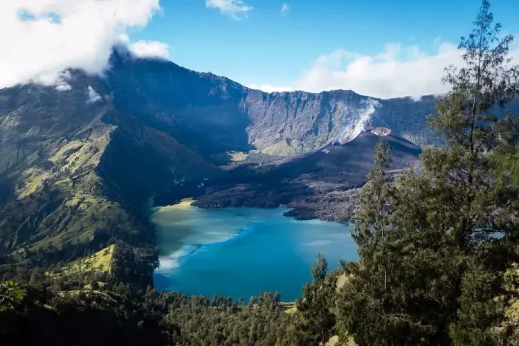 Panoramic view from Senaru Rim overlooking Mount Rinjani and surrounding landscapes.